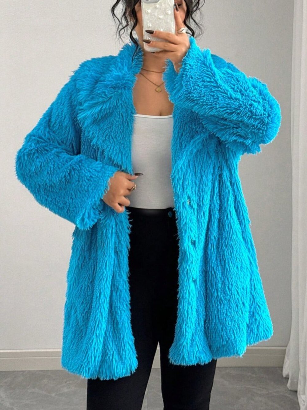 Teal Blue Women's Plus Size Faux Fur Coat